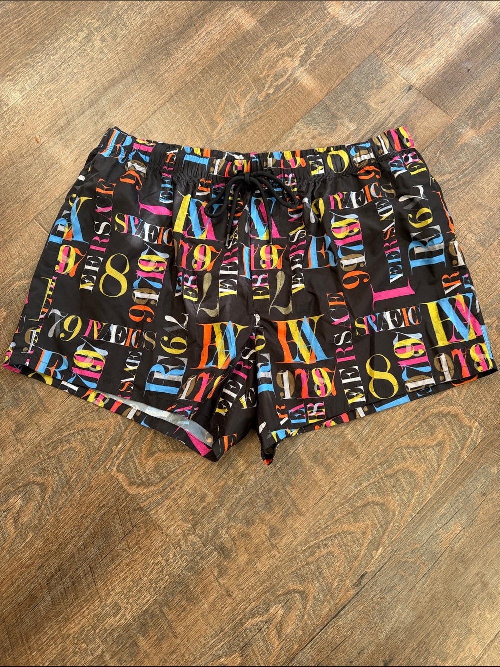 Versace Beachwear black logo text print Swim Shorts size 6 large